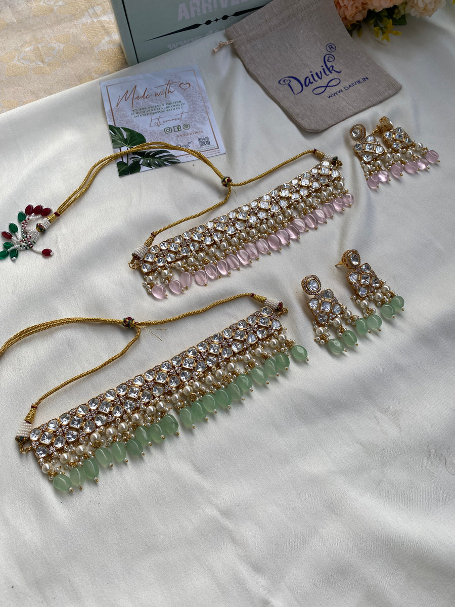 White stone Kundan Pearl Choker with Earrings in Pink and Green