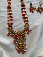 Coral And White Beads Lakshmi Long Necklace with Earrings