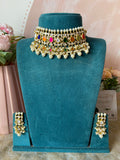 Pure kemp Brass Jadau Navarathna Choker with Earrings