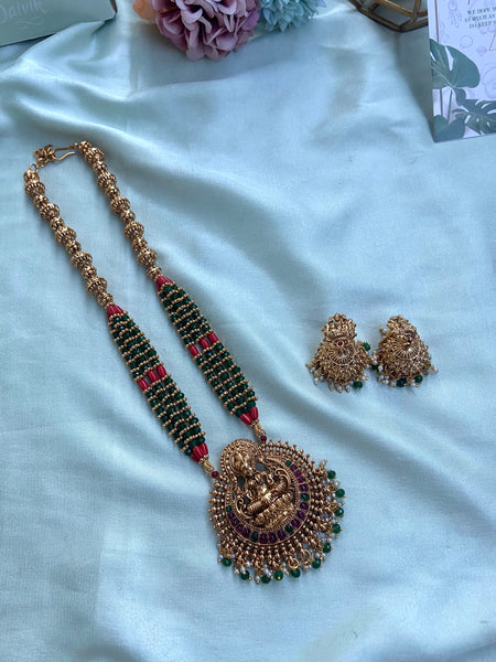 Golden, Coral Red and Green Beads Lakshmi Chain with Jhumkas