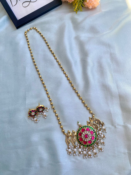 Pure Kemp Brass Peacock Jadau Long Haram with Earrings