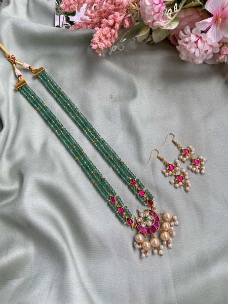Antique Jadau Green Beads Long chain with Earrings