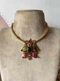 Twin Peacock Ruby Green Hasli Necklace with Earrings