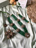 Green Beads Mossanite Haram with Heavy Jhumkas ( Long haram , Heavy Jhumkas , Bracelet & Ring )