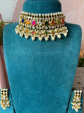 Pure kemp Brass Jadau Navarathna Choker with Earrings