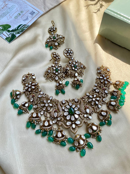 Victorian Mossanite Peacock Necklace with Earrings & Teeka