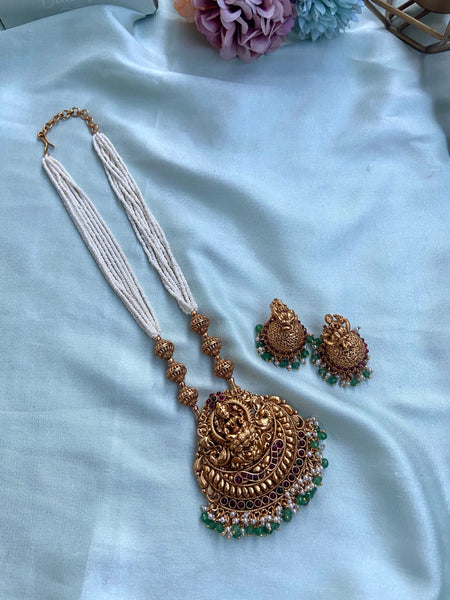 Multilayered White and Golden Beads Long Chain with Jhumkas