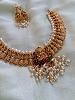 Antique Elegant Pearl Ruby Green Lakshmi Necklace with Earrings