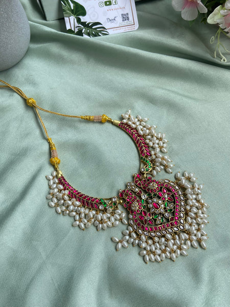 Pure Kemp Brass Jadau Rice Pearl Necklace