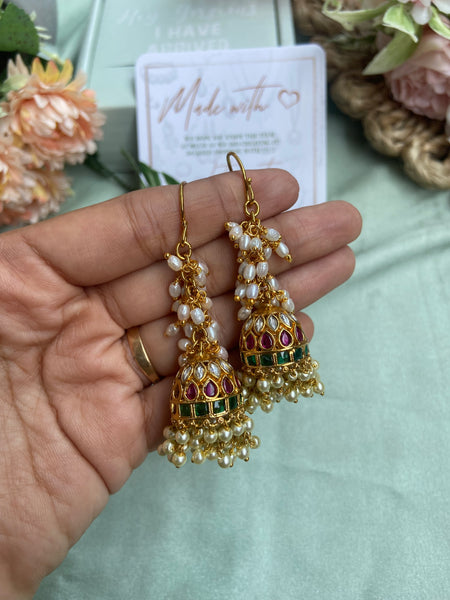 Rice Pearl Ruby Green Hoop Jhumkas
