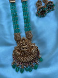 Peacock Lakshmi Green Beads Long Haram with Jhumkas