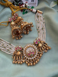 White Pearl Kundan Stone Elephant Necklace with Jhumkas