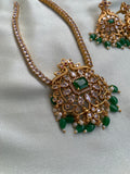 Gold finish AD necklace with Green Beads Hangings with earrings