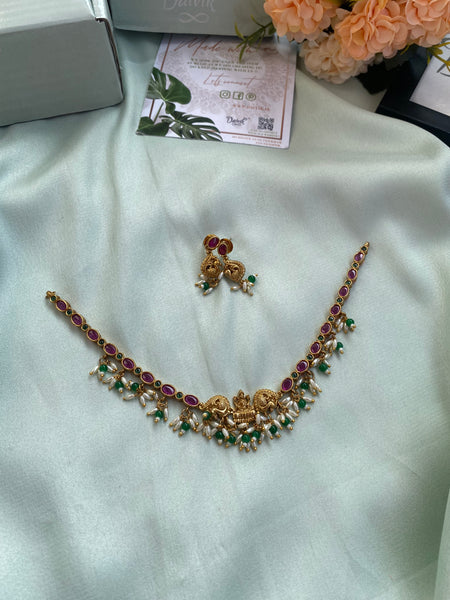 Ruby Green Kemp rice pearl Necklace with Earrings