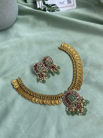 Lakshmi Coin Hydro-Doublet Stone Necklace with Earrings