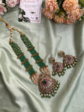 Ad Green Beads Peacock Long Haram with Earrings