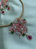 Designer Pastel Pink Flower Hasli Necklace with Earrings