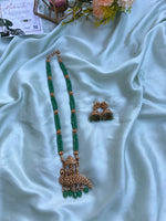 Peacock Temple Lakshmi Green Beads Long Chain with Jhumkas