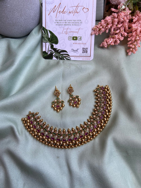 Ruby Green Golden Beads Necklace with Earrings
