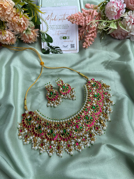 Half Moon Pure kemp Jadau Necklace with Earrings