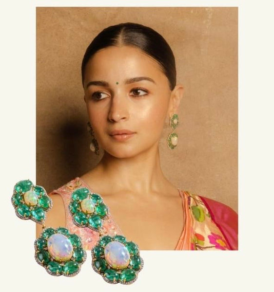 Alia Bhatt Inspired Mossanite Green Carved Stone Earrings