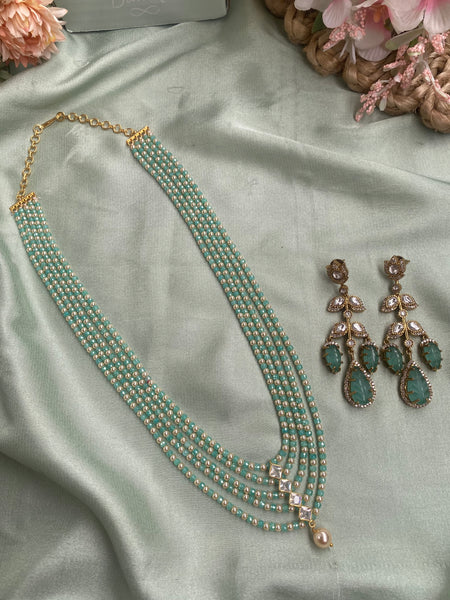 Five Layer Green and Golden Beads Mala/Necklace with Earrings