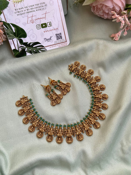 Antique Lakshmi Coin Green Beads Necklace with Earrings