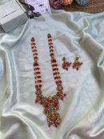 Coral And White Beads Lakshmi Long Necklace with Earrings