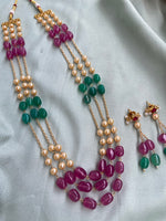 Three Line Multi Color Pearl Mala with Earrings