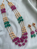Three Line Multi Color Pearl Mala with Earrings