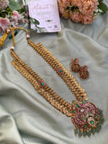 Pure Kemp Brass Jadau Kundan Stones Ruby Green Kasumala with Jhumkas