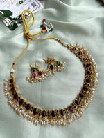 Reversible Ruby and Green Rice Pearl Necklace with Two Earrings