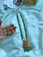 Peacock Temple Lakshmi Green Beads Long Chain with Jhumkas