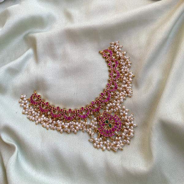 Pure kemp Jadau Half Moon Pearl Necklace