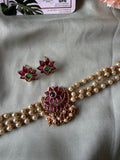 Flower Pearl Ruby Choker with Earrings