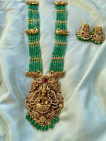 Bridal Lakshmi and Peacock Green Long Haram with Jhumkas