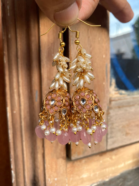 Rice Pearl Kemp Pink Beads Jhumkas