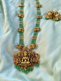 Bridal Lakshmi and Peacock Green and Golden beads Long Haram with Jhumkas