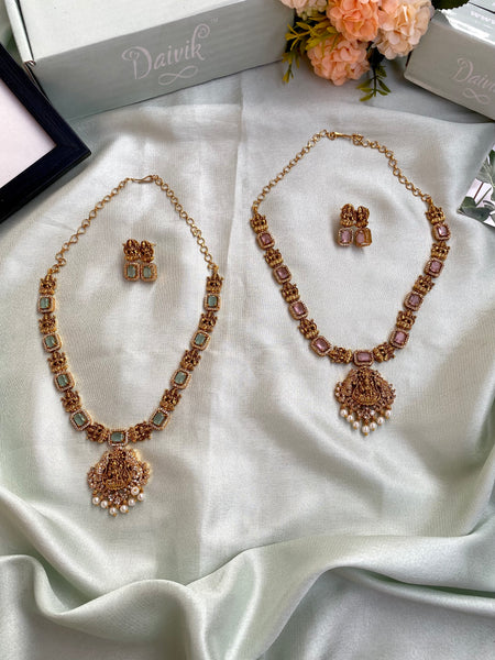 Lakshmi Pendant AD Colour stone Necklace with Earrings