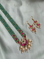 Antique Jadau Green Beads Long chain with Earrings