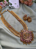 Pure Kemp Brass Jadau Kundan Stones Lakshmi Pendant Kasumala with Jhumkas