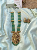 Bridal Lakshmi and Peacock Green Long Haram with Jhumkas