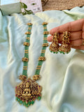 Bridal Lakshmi and Peacock Green and Golden beads Long Haram with Jhumkas