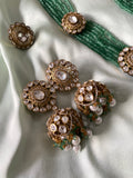 Green Beads Mossanite Haram with Heavy Jhumkas ( Long haram , Heavy Jhumkas , Bracelet & Ring )