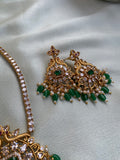 Gold finish AD necklace with Green Beads Hangings with earrings
