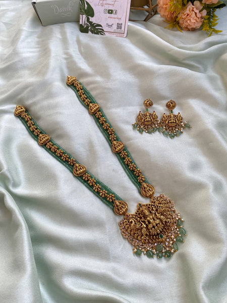 Bridal Lakshmi Green and Golden Layer Long Haram with Earrings