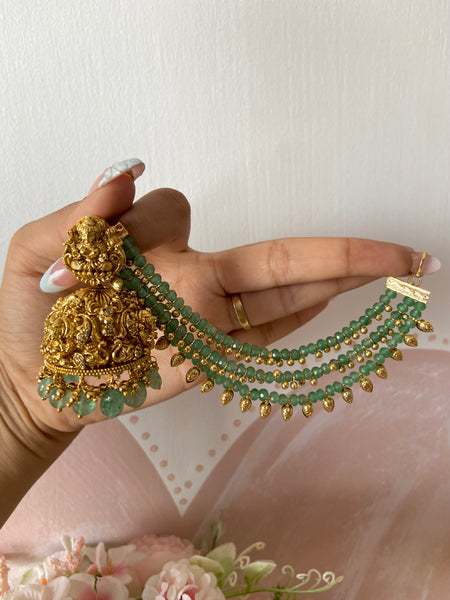 Antique Lakshmi Jhumkas with Green Beads Mattal