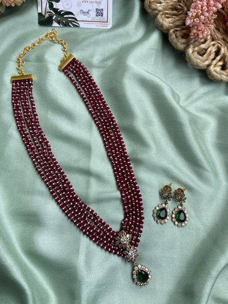 Ruby Flower Pendant Long Mala with Earrings