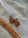 Pure Kemp Brass Jadau Kundan Stones Ruby Green Kasumala with Jhumkas