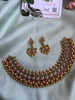 Ruby Green Golden Beads Necklace with Earrings